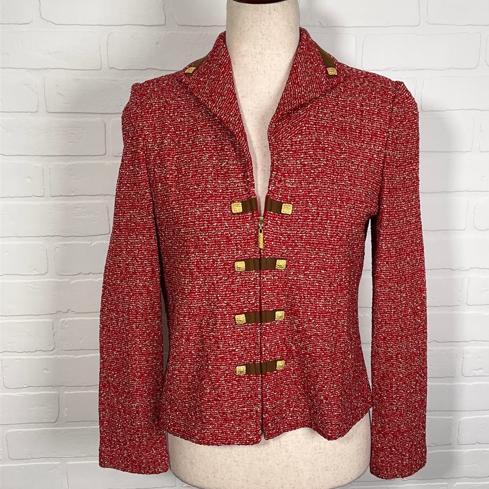 St. John Blazer Women 4 Red Gold Jacket Faux Suede Career Party USA